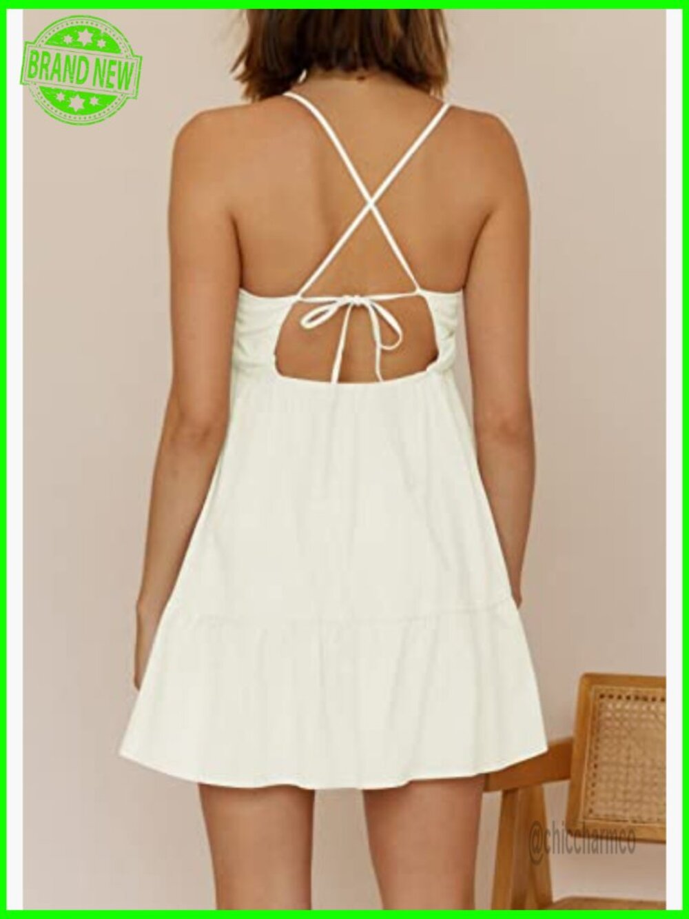 V Neck Crisscross Backless Tie Back Ruffle Hem Flowy Swing Mini Dress - Picture 3 of 7